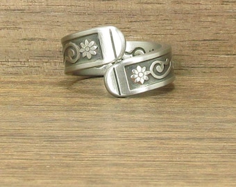 Size 9 Stainless Steel Spoon Ring Handmade, Thick Floral, #440
