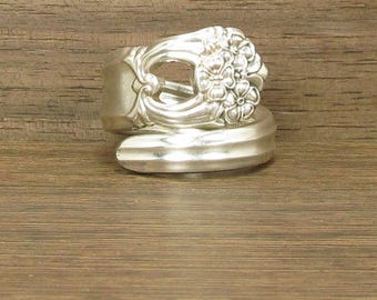 Size 11 Silver Plated Spoon Ring Handmade, Floral, #438