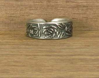 Size 11 Stainless Steel Spoon Cuff Ring Handmade, Floral, #376