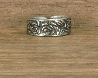 Size 10 Stainless Steel Spoon Cuff Ring Handmade, Floral, #373
