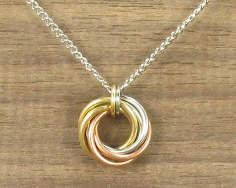 Tri-metal Chainmail Necklace, Infinity Love Knot Pendant, Stainless Steel, Copper and Brass, #114