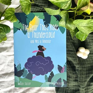 May include: A blue book cover with the title "The Bear That Rode a Thundercloud and Met a Dinosaur" with illustrations of a bear riding a purple thundercloud. The authors are Shaun Suller and Courtney Vickers.