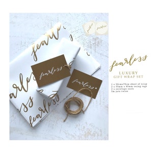 Christliche Luxus Geschenkverpackung &#39;Fearless&#39; Set, Geschenkpapier, Geschenkpapier, Papierverpackung, Swing Tags Set, christliches Geschenk, umweltfreundlich