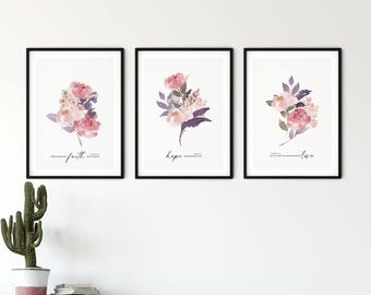 Set of 3 Faith, Hope, Love Peony Bible Verse Art Prints – Christian Wall Decor