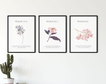 Set of 3 Floral Psalms Art Prints – Christian Wall Art, Bible Verse Decor
