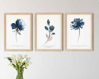 Set of 3 Joy Floral Art Prints – Christian Wall Art, Bible Verse Decor, Home Decor, Christian Gift