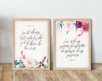 Set of 2 Love Floral Print Set - Christian Gift Set, Bible Verse Decor