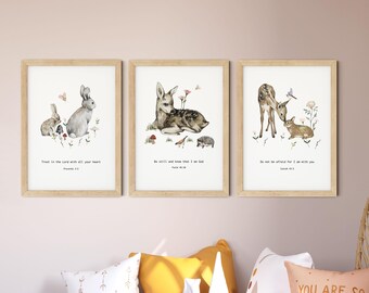 Set of 3 Woodland Animal Art Prints – Christian Kids Wall Art, Bible Verse Decor, Nursery Decor, Christian Gift