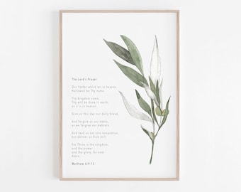 キリスト教信仰の聖句プリント - 主の祈り 植物画 KJV アートプリント - マタイによる福音書 6:9-13 - キリスト教の壁掛けアート - 主の祈り