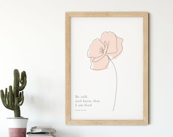 Be Still And Know That I Am God Minimalist Pink Poppy Christian Art Print - Psalm 46:10