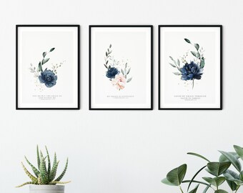 Set of 3 Grace Floral Bible Verse Prints – Christian Wall Art, Home Decor