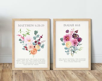 Set of 2 Floral Bouquet Faith Print Set - Christian Gift Set, Bible Verse Decor
