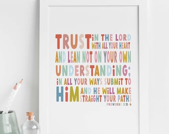 Christian Colourful Trust In The Lord Bible Verse Art - Proverbs 3:5-6 - Nursery Art - Teenager Art