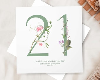 Christian 21st Botanical Green Birthday Card With bible Verse - Psalm 20:4