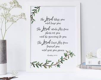 The Lord Bless You And Keep You Botanical Watercolour Christian Print - Numbers 6:24-26 - Christian Wall Art