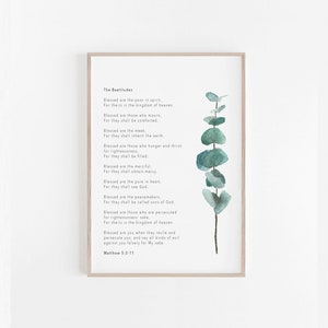 Christian Faith Bible Verse Print - The Beatitudes Botanical Watercolour Print - Matthew 5:3-12 - Christian Art Print