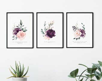 Set of 3 Floral Peace Bible Verse Prints – Christian Wall Art, Home Decor