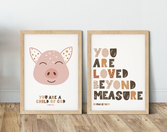 Set of 2 Children's Boho Faith Wall Print Set - Nursery Playroom Art Christian Gift