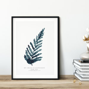 My Grace Is Sufficient For You Blue Fern Botanical Christian Print - 2 Corinthians 12:9 - Christian Wall Art