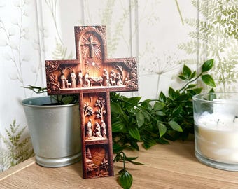 Decoración navideña de madera con cruz de la Natividad cristiana en 2D