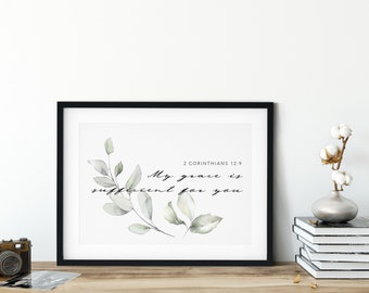 My Grace Is Sufficient Christian Botanical Print - 2 Corinthians 12:9 - Christian Wall Art