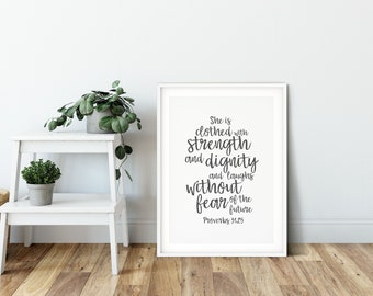 She is Clothed With Strength and Dignity Grey Minimalist Christian Print - Proverbs 31:25 - Christian Wall Art - Eco Friendly