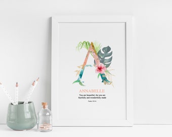 Personalised Christian Faith Print - You Are Beautiful, For You Are Fearfully And Wonderfully Made Botanical Print - Psalm 139:14
