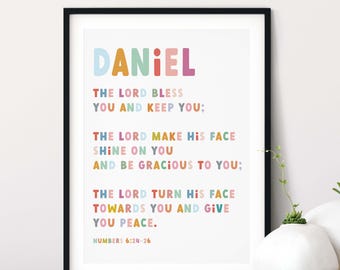 Personalised Christian Kids Bible Verse Print - The Lord Bless You Colourful Art Print - Numbers 6:24-26 - Kids Nursery Poster