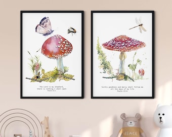 Set of 2 Psalm 23 Woodland Faith Print Set - Christian Gift, Religious Wall Art