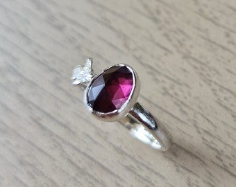 Rhodolite Garnet Fern Ring | Sterling Silver | Rose Cut | UK Size L|