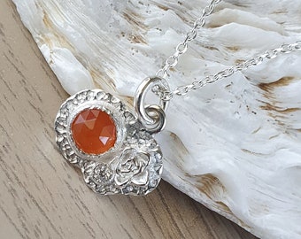 Carnelian Succulent Leaf Necklace | Sterling Silver | Necklace | Rose Cut