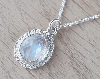 Rainbow Moonstone Sterling Silver Necklace | Hand Textured Pendant