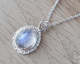 Rustic Sterling Silver Rainbow Moonstone Necklace | Rose Cut Gemstone