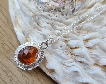 Rustic Sterling Silver Spessartine Garnet Necklace | Rose Cut Stone