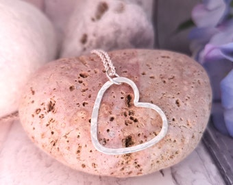 Sterling Silver Heart Pendant, Silver Heart Necklace, Hammered Silver Heart, Layering Necklace, Long Heart Necklace, Long Length Necklace