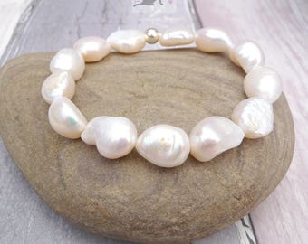 Pulsera de perla, pulsera de perlas de agua dulce, pulsera elástica, joyería de perlas, novia, pulsera elástica de piedra preciosa, regalo para ella, damas presentes