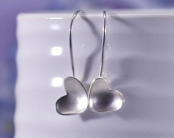 Brushed Silver Heart Earrings, Satin Silver Heart Drop Earrings, Silver Heart Earrings, Ladies Heart Earrings, Mothers Day Gift Earrings