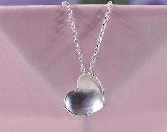 Satin Sterling Silver Heart Pendant, Brushed Silver Heart Necklace, Concave Heart Pendant, Ladies Heart Necklace, Mothers Day Necklace
