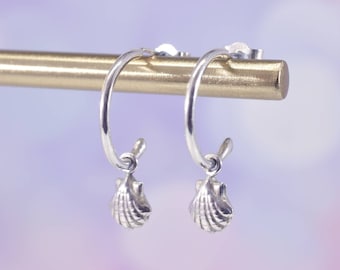 Sterling Silver Sea Shell Hoop Earrings, Shell Hoop Earrings, Ladies Silver Seashell Earrings, Shell Jewellery, Beach Earrings, Boho Hoops