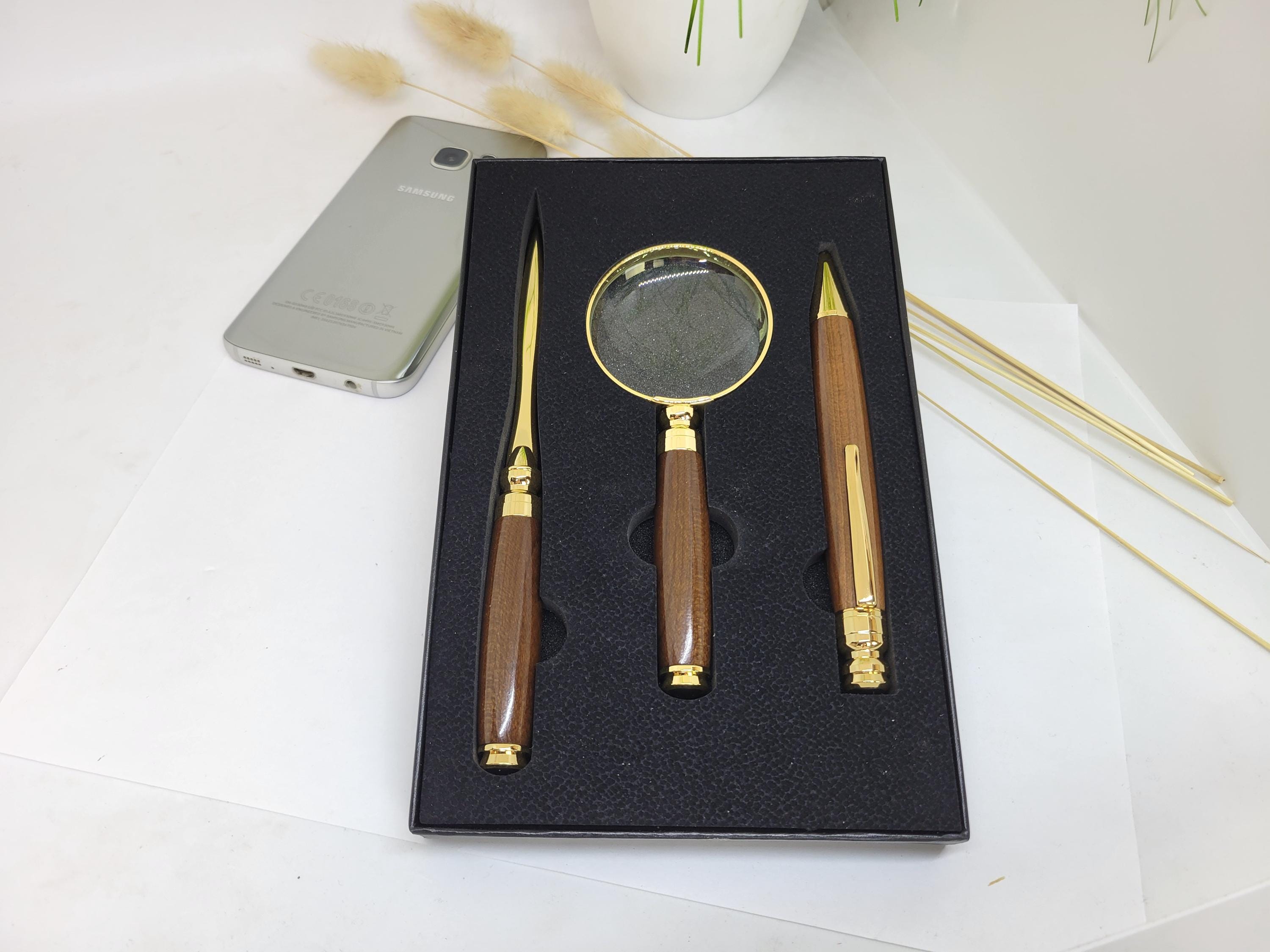 Magnifying Glass, Letter Opener & Pen Set, Display Box, 3X Magnification, Hand Turned Chocolate Maple, Gold Trim, Engraved, Personalized