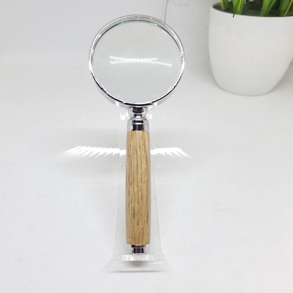 Magnifying Glass, 10X Magnification, 2" Diameter Glass, Hand Turned White Oak Handle, Chrome Trim, Engraved, Personalized, Gift for Dad