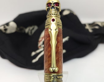 Skull Pen, Gothic Style, Antique Brass with Red Jewel Inserts, Red Mallee Burl Hardwood Body, Hand Turned,  Motorcycle, Biker, Rock & Roll