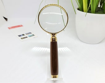 Engraved Magnifying Glass, 3X, Chocolate Maple Handle, Gold Trim