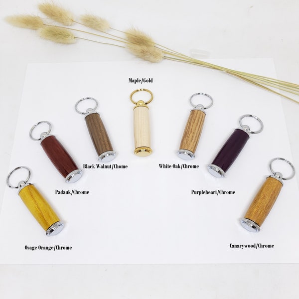 Pill Holder Keychain Personalized, Engraved, Choice of Hardwood Hand Turned Body, Gold or Chrome Trim, Hand Turned