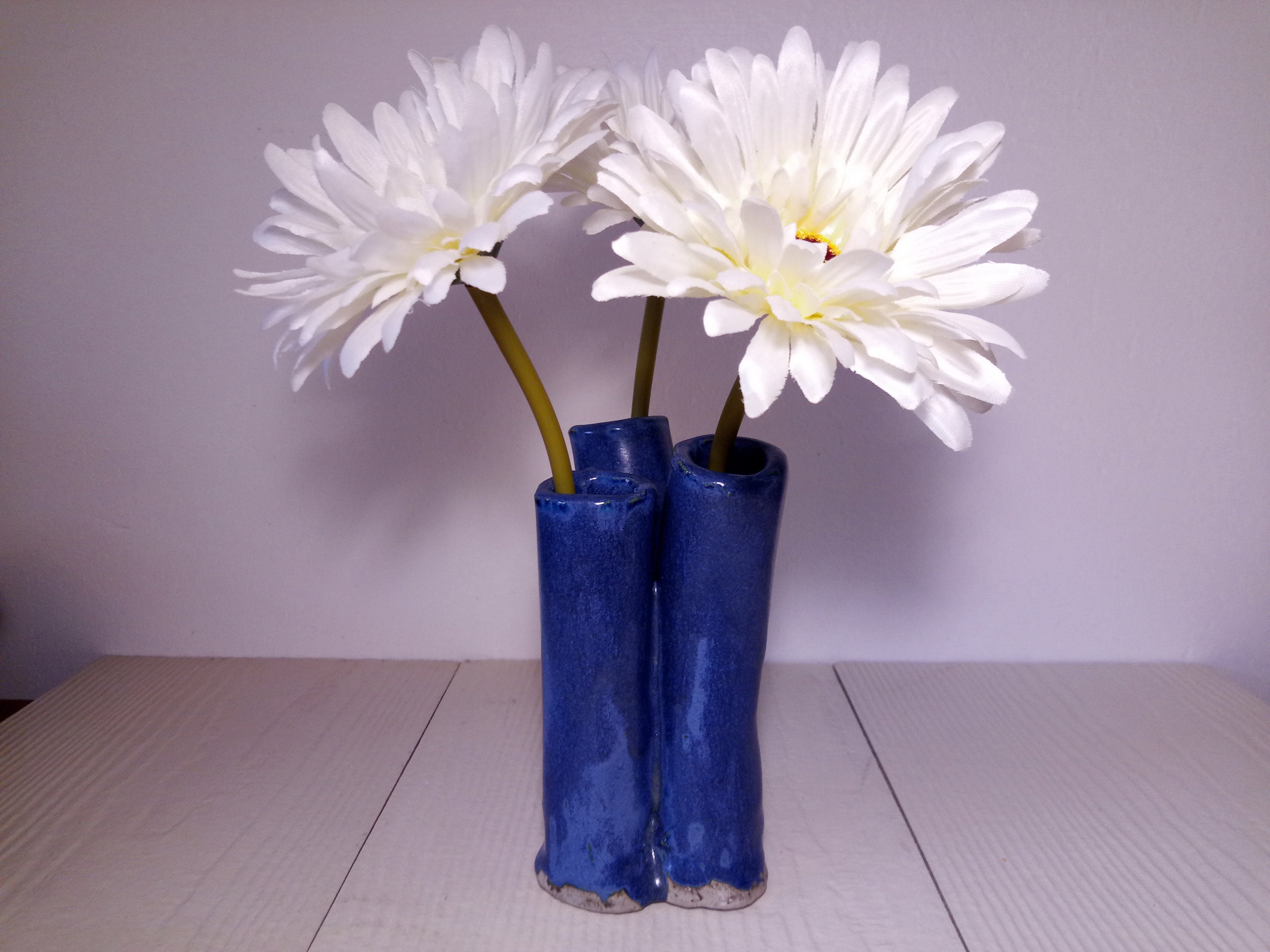 Vase 3 Tubes en Grès Bleu, Vase Ikebana, Pour Compositions avec Peu de Fleurs, Fait Main