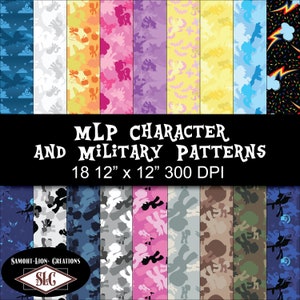 May include: 18 digital paper designs featuring My Little Pony characters in camouflage patterns. Each design is 12 inches by 12 inches and 300 DPI.