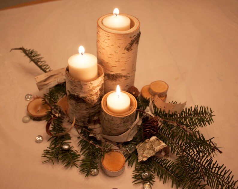 Wood Candle Holder White Birch Candles Wedding Centerpiece Etsy