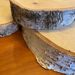 May include: Three round birch wood slices stacked on top of each other. The wood is light brown with a white bark pattern. The slices are different sizes, with the largest one on the bottom and the smallest one on top.