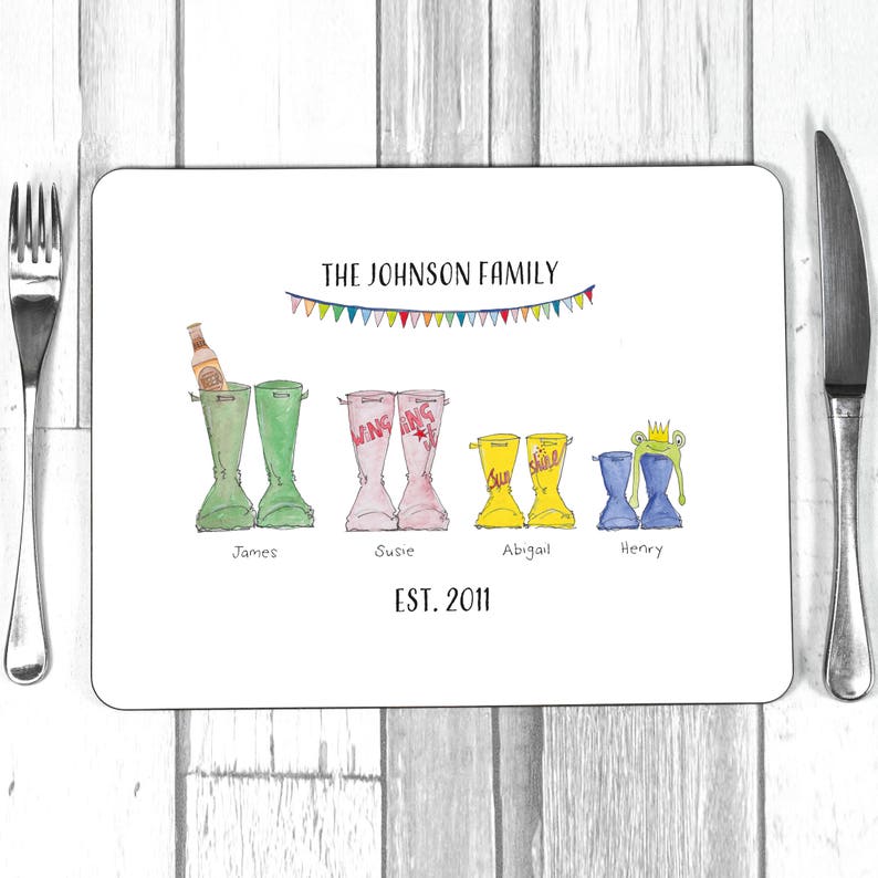 Download Watercolour Placemats Personalised Welly Placemat Family Gift Welly Boot Gift Personalised Wellies Winter Welly Boot Placemat Kitchen Dining Home Living