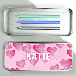 Hearts Children&#39;s Pencil Tin - Personalised Pencil Case - Reusable Pencil Tin - Pencil Case with Name On - Back to School Kids Pencil Tin